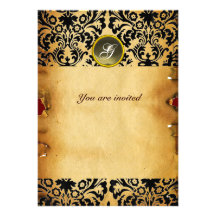 DAMASK GEM STONE MONOGRAM parchment grey Personalized Invitations