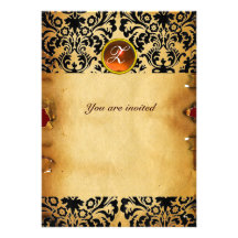 DAMASK GEM STONE MONOGRAM parchment orange Personalized Announcements