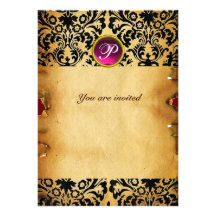 DAMASK GEM STONE MONOGRAM parchment purple pink Invite