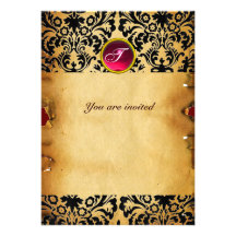 DAMASK GEM STONE MONOGRAM parchment red pink Announcements