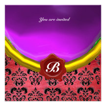 DAMASK GEM STONE MONOGRAM purple violet silk Custom Invitations