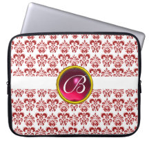 DAMASK GEM STONE MONOGRAM white red fuchsia Laptop Sleeve