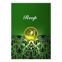 DAMASK GEM STONE MONOGRAM Yellow Green Rsvp Custom Invites