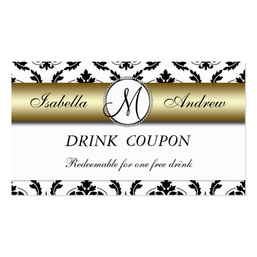 Damask Gold Wedding Free Drink Coupon Card Business Card Template