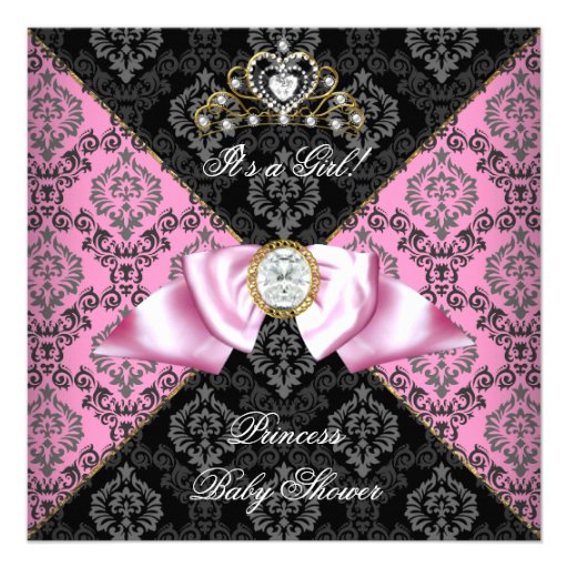 Damask Gray Black Pink Princess Baby Shower Girl Invitations
