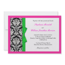 Damask Green Bow with Hot Pink Wedding Invitation