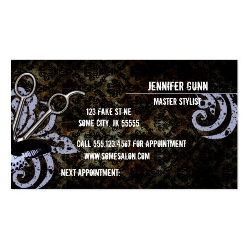 damask grunge butterfly hair stylist scissors business card template (back side)