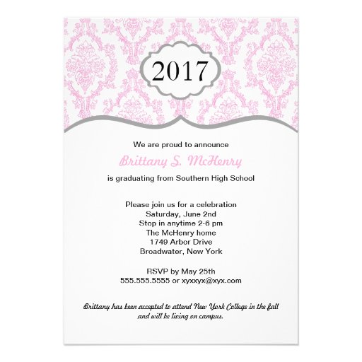 Damask High School Graduation Invite Pink & Gray