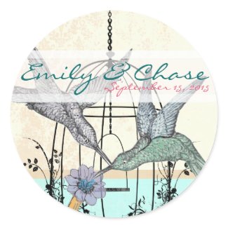 Damask Hummingbird Birdcage Wedding Postage Sticker