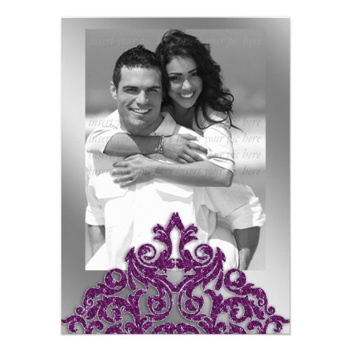 Damask Invite Photo Card Silver Purple Sparkle