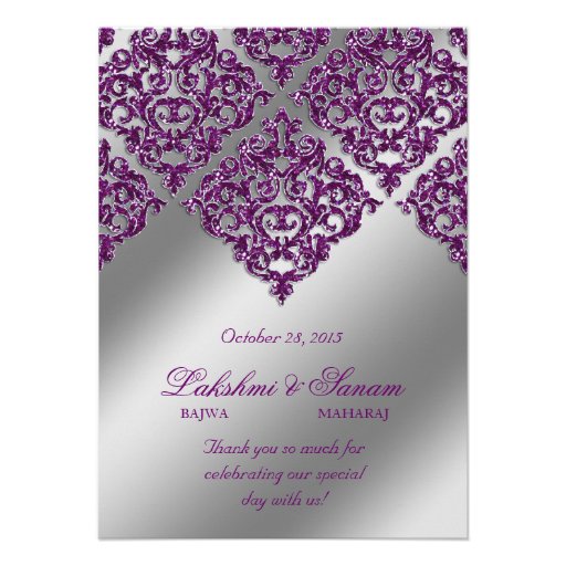 Damask Invite Photo Card Silver Purple Sparkle