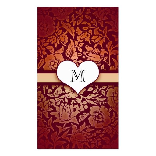 damask love heart monogram red business cards (front side)