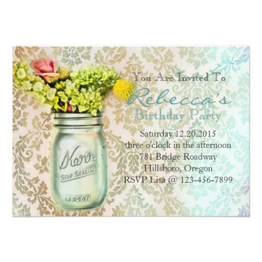damask mason jar floral vintage birthday party custom invites