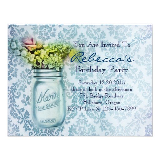 damask mason jar floral vintage birthday party custom invitations