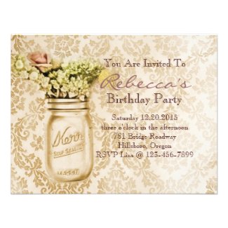 damask mason jar floral vintage birthday party custom invitation