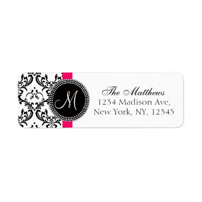 Damask Monogram Address Labels Black White