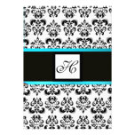DAMASK MONOGRAM,black and white,blue turquase Personalized Announcements