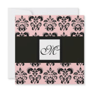 DAMASK MONOGRAM,black and white,pink invitation