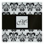 DAMASK MONOGRAM,black and white,silver metallic Custom Invites