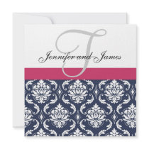 Damask Monogram Blue Pink White Wedding Invitation