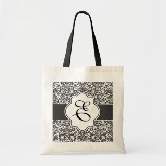 Damask Monogram Bridesmaid Tote Black Handles Canvas Bag