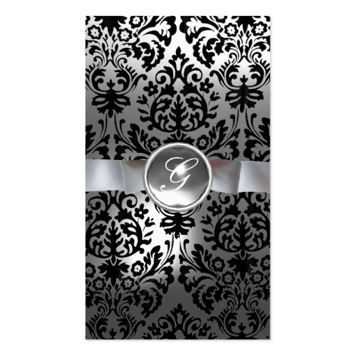 DAMASK MONOGRAM gem white ribbon black Business Card Templates (back side)