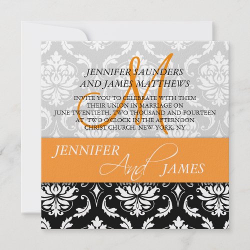 Damask Monogram Name Tangerine Wedding Invitations invitation 