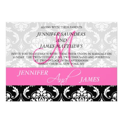 Damask Monogram Names Hot Pink Wedding Invitation