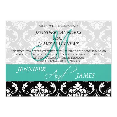Damask Monogram Names Turquoise Wedding Invitation