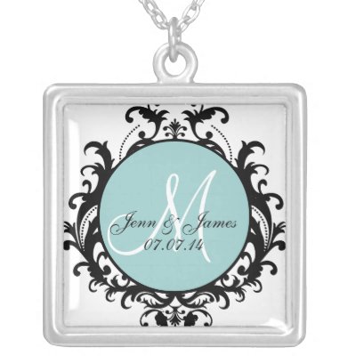 Damask Monogram Names Wedding Date Necklace
