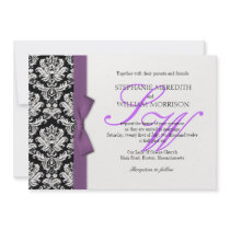 Damask Monogram Purple Bow Wedding Invitation