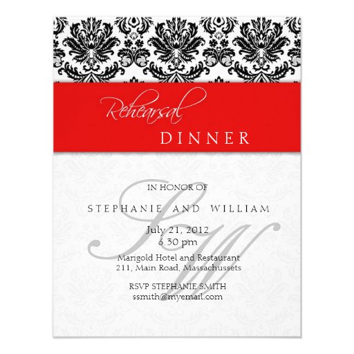 Damask Monogram Rehearsal Dinner Card in Red