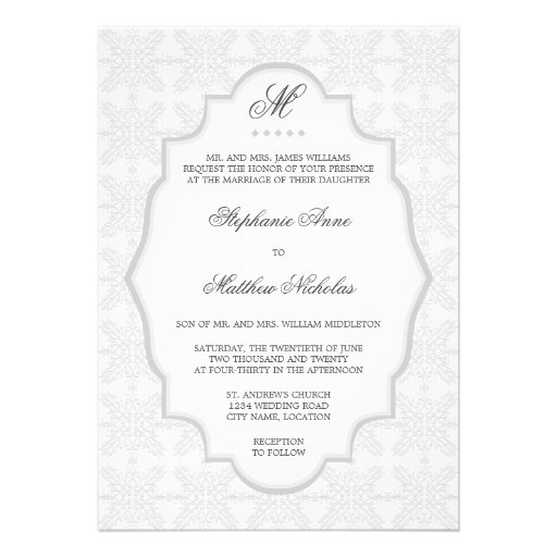 Damask Monogram Silver Gray Wedding Invitation