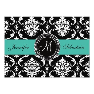 Damask Monogram Wedding Invitations Turquoise