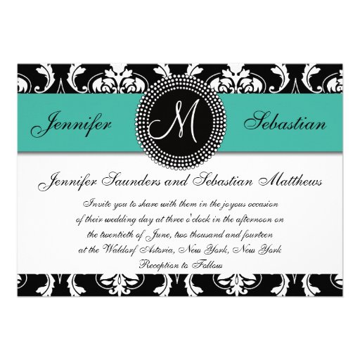 Damask Monogram Wedding Invitations Turquoise