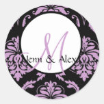 Damask Monogram Wedding Round Envelope Lilac Seal Sticker