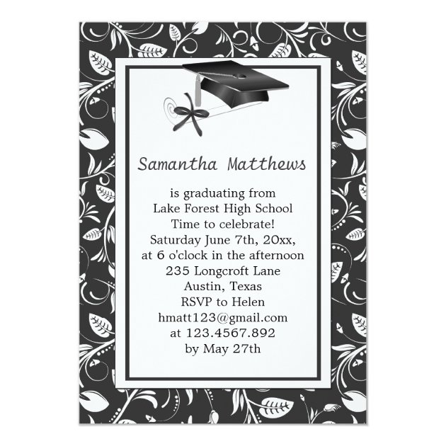 Damask, mortar, diploma Graduation 5x7 Paper Invitation Card