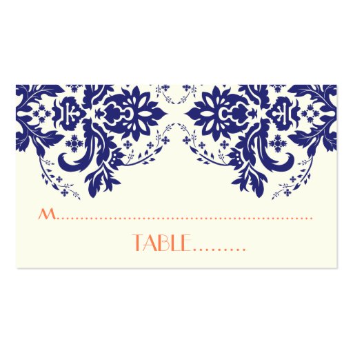 Damask motif navy blue, coral wedding place card business card (front side)