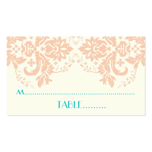 Damask motif peach, aqua, ivory wedding place card business card (back side)