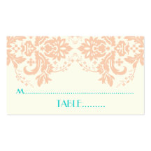 Damask motif peach, aqua, ivory wedding place card business card