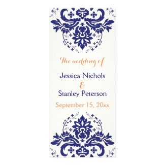 Damask navy blue, coral ivory wedding program