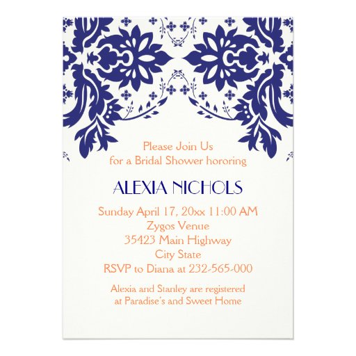 Damask navy blue, coral wedding bridal shower custom invitation (front side)