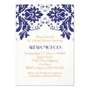 Damask navy blue, coral wedding bridal shower 5x7 paper invitation card