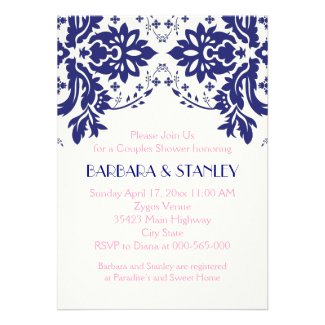 Damask navy blue, pink wedding couples shower custom invitation
