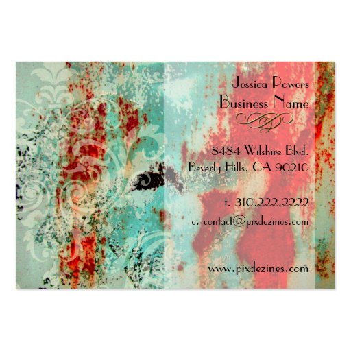 Damask on abstract template, teal crimson business card (back side)