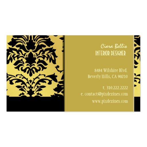 Damask on gold tone, black on black business card (back side)