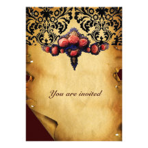 DAMASK PARCHMENT AND PINK CORAL ROSES CARDS