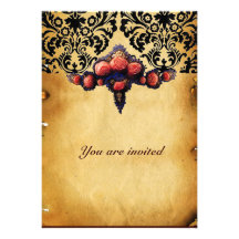 DAMASK PARCHMENT AND PINK CORAL ROSES PERSONALIZED INVITATIONS