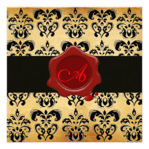 DAMASK PARCHMENT WAX SEAL MONOGRAM,black and brown Personalized Invitation
