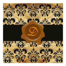 DAMASK PARCHMENT WAX SEAL MONOGRAM,black and brown Custom Invitation